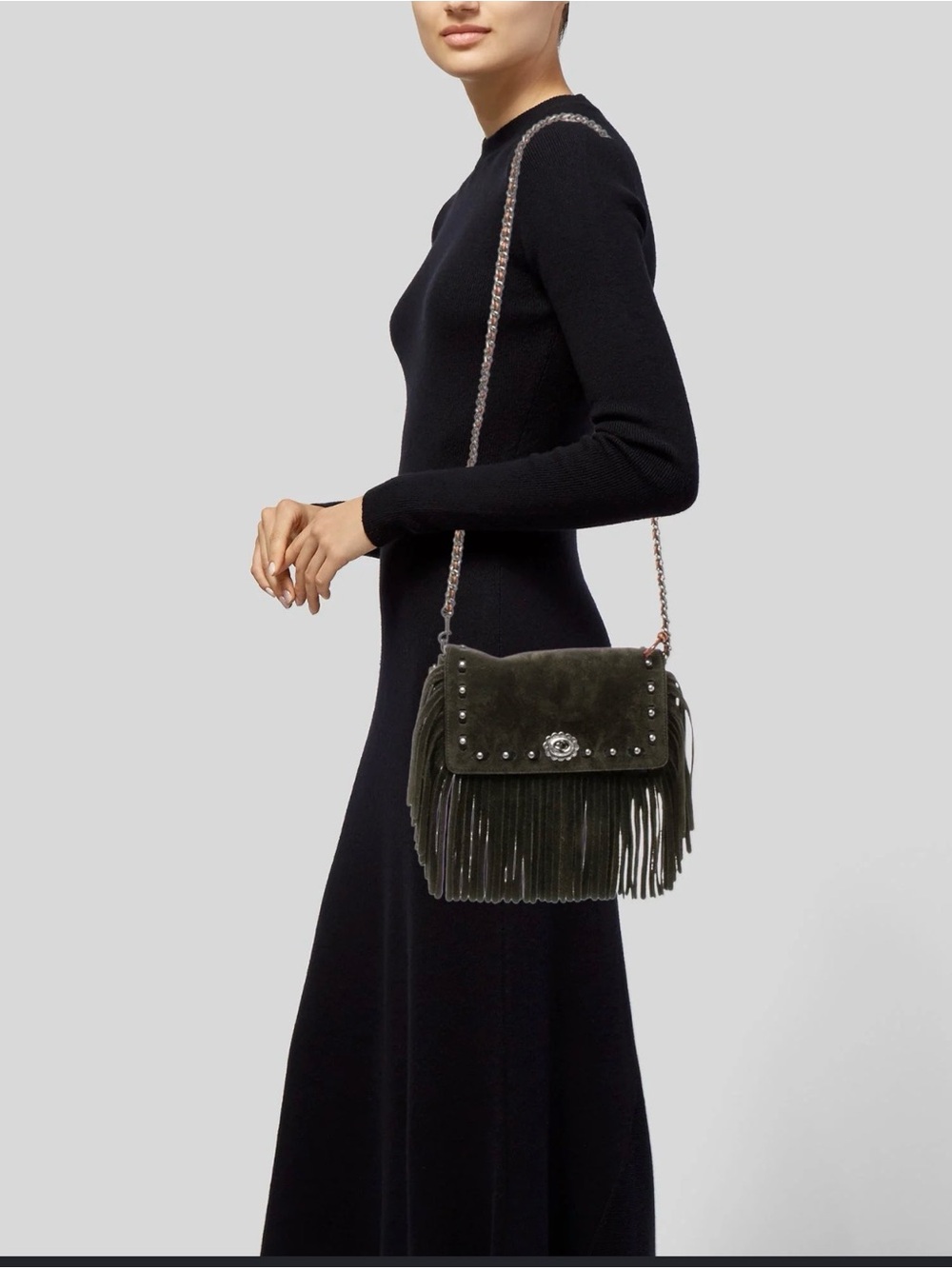 Coach 1941 Olive Suede Fringe Shoulder Bag with Silver Studs - Picture 6 of 9